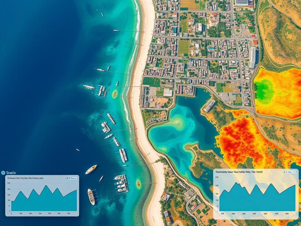 Aerial view with climate risk heat map overlay